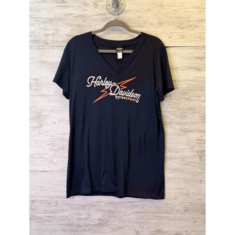 Harley-Davidson T-Shirt Womens L Blue V-Neck Short Sleeve Jersey Cotton